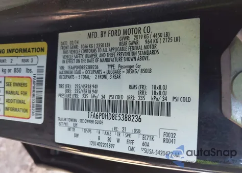 2014 Ford Fusion Se z USA, uszkodzony, nr VIN 1FA6P0HD8E5388236